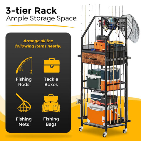 Fishing Rod Rack Organizer With Fabric Drawer And Pegboard 3 Tier Garage Storage For 12 Rods Reels And Tackle Boxes Portable Gear Cart