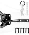 No Sag Gate Kit With Gate Latch And Corner Bracket Heavy Duty Hinges For Wooden Fences Doors Driveway And Corral Gates Steel Construction Built To Last A Lifetime, featuring steel latch, screws, drill bit, and rope for installation
