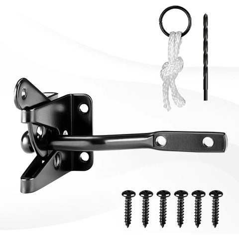 No Sag Gate Kit With Gate Latch And Corner Bracket Heavy Duty Hinges For Wooden Fences Doors Driveway And Corral Gates Steel Construction Built To Last A Lifetime, featuring steel latch, screws, drill bit, and rope for installation