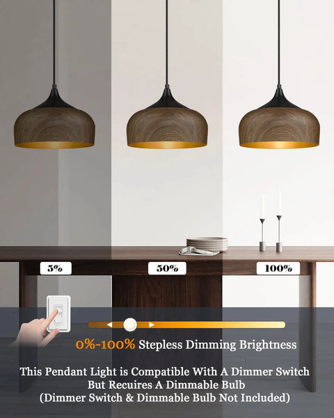 Modern Walnut Wood Dome Pendant Light Matte Black Metal With Warm Gold Interior Adjustable Hanging Fixture showing dimming feature.