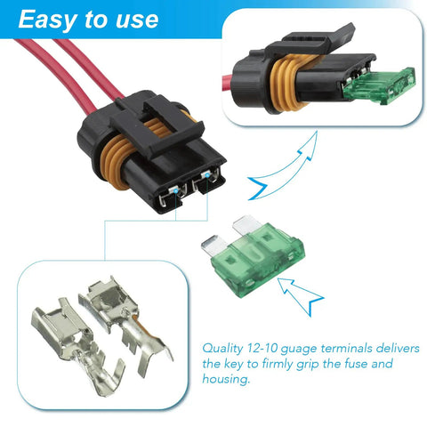Heavy Duty 12AWG Waterproof Inline ATO ATC Blade Fuse Holder With Secure Cover For Cars Trucks And Boats Comes Loaded With Six 30A Fuses And Twelve Heat Shrink Butt Connectors For Badass Under The Hood Electrical Shield connectors and fuse holder shown with wires.