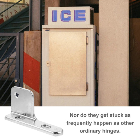 Build Tough Stainless Steel Freezer Door Hinge Replacement For 35mm Household Fridge And Display Cabinet With Slick Pivot Glide Heavy Duty Finish No Fuss Quick Swap displayed next to an ice freezer.