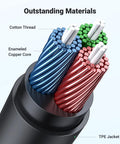 Close-up of Premium 3.5 Mm Aux Extension Cable Three Pole Trs Headphone Extender Cord 3.3 Feet with cotton and copper wires.