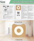 Dimensions and instructions of 12 Pack VF3502 Vacuum Bags For 12 To 16 Gallon Wet Dry Vacuums, High Efficiency Replacement Filter Bags.