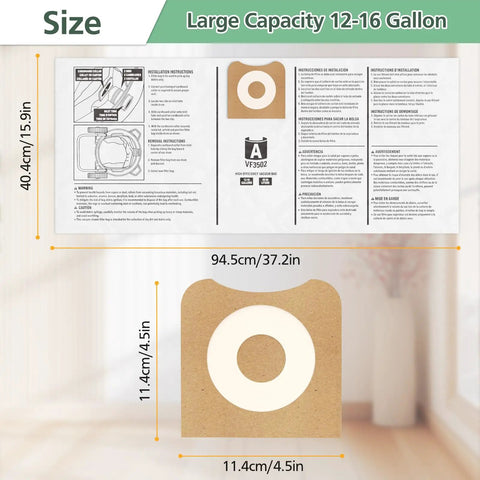 Dimensions and instructions of 12 Pack VF3502 Vacuum Bags For 12 To 16 Gallon Wet Dry Vacuums, High Efficiency Replacement Filter Bags.