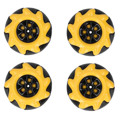 60mm Mecanum Wheel Smart Robot Car Kit For Left Right Translation And Wide Angle Drift DIY Building Block Compatible Components Includes Two Pairs Of TT Motors Rubber Coated Wheels For Smooth Precise Grip Strong Control, set of four yellow and black wheels.