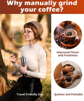 Woman holding Manual Coffee Grinder With Ceramic Burrs For Espresso And French Press, Five Adjustable Settings, Hand Crank, Built In Burr, Durable Stainless Steel, Portable For Home Use And Camping Travel, Fresh Ground Coffee Every Morning, in outdoors setting.