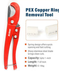 Image of a red PEX copper ring removal tool with sharp stainless steel blade, designed for up to 1-inch capacity, 7.87-inch length.