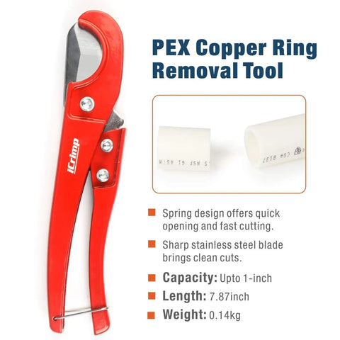 Image of a red PEX copper ring removal tool with sharp stainless steel blade, designed for up to 1-inch capacity, 7.87-inch length.