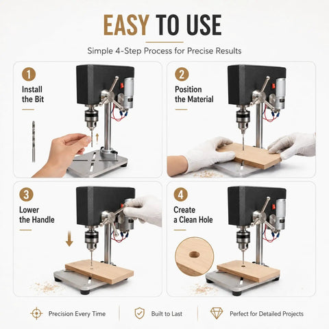 Mydymx Benchtop Mini Drill Press Multi Function Milling Tool Adjustable Precision Workshop Machine For Wood Metal And Plastic Diy Crafts Stable Platform setup steps for precise drilling in a workshop.