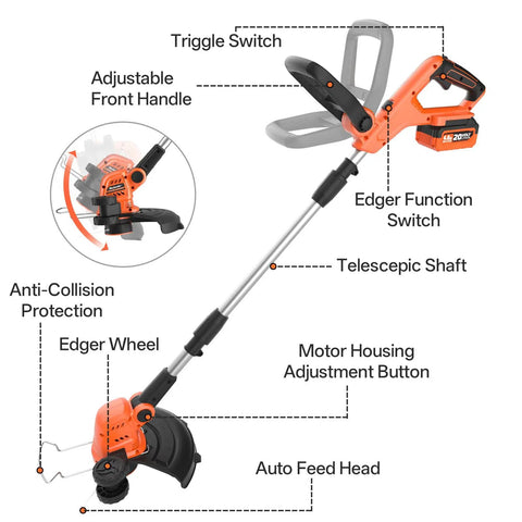 20V Cordless Lawn Mower And 12 Inch Weed Wacker Combo With Two 4Ah Batteries And Charger 13 Inch Deck Large 30L Grass Collection Bag For Easy No Fuss Yard Cleanup, telescopic trimmer view