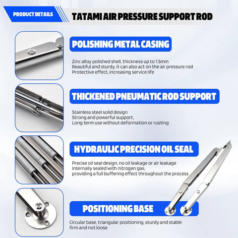Diagram illustrating components of a Tatami air pressure support rod, including metal casing, pneumatic rod, oil seal, and base.