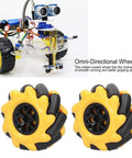 Omni Directional Mecanum Wheels Set 60mm For DIY Smart Robot Car, Rubber Coated Wheels For TT Motor, Left Right Translation, Compatible With Building Blocks, High Maneuverability For Precise Moves (Pair) shown in front view.