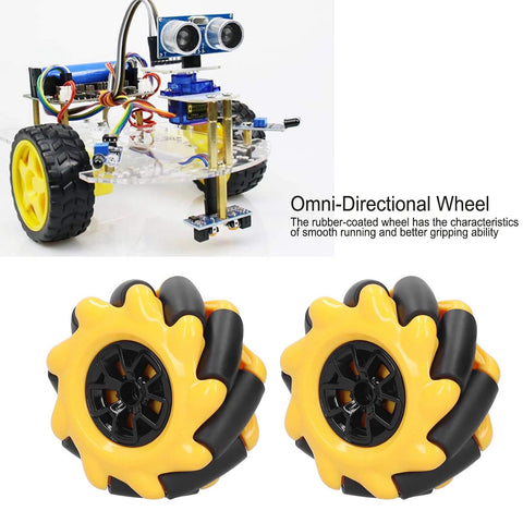 Flexman 60mm omni-directional Mecanum wheel pair for DIY robot projects, yellow and black, shown with chassis