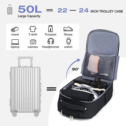 Lekespring rolling backpack with wheels, black; opened to show mesh pocket, clothing and camera beside carry-on suitcase.