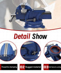 4 Inch Bench Vise With Solid Anvil And 360 Degree Swivel Locking Base shown with close-up details of clamping power and rugged material.