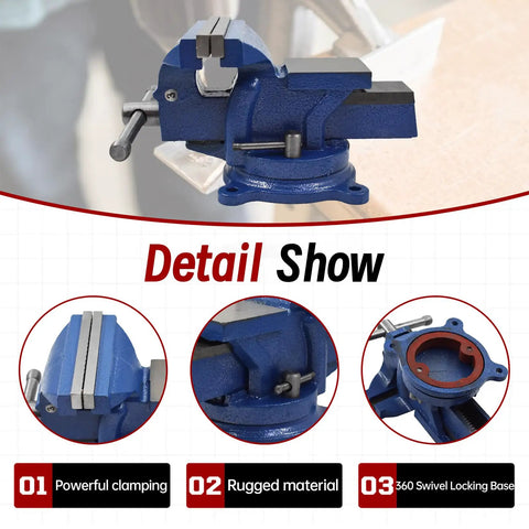 4 Inch Bench Vise With Solid Anvil And 360 Degree Swivel Locking Base shown with close-up details of clamping power and rugged material.