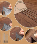 All In One Leather Working Kit For DIY Fans With Storage Bag Pro Grade Stitching Tools Groover Prong Punch Waxed Thread In 10 Colors Stamps Thimbles Finger Cots And Scissors For Easy Craft Making And Punching showing various crafting needles being used.