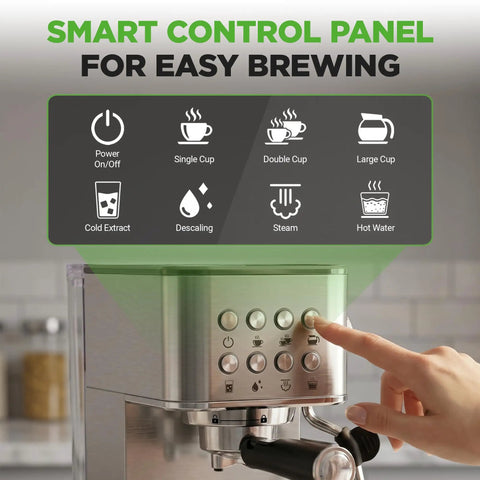 Smart control panel of This Twenty Bar Espresso Maker Delivers Rich Bold Flavor With An Integrated Milk Frother And Roomy Removable Tank.