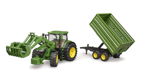John Deere 7R 350 Scale Tractor With Front Loader And Tandem Tipping Trailer 1 To 16 Diecast Model shown with raised trailer