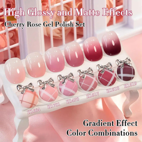Cherry Rose Gel Polish Set with gradient nail colors on display stand