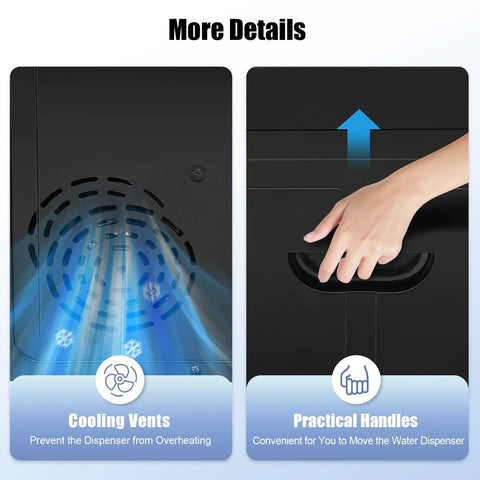 Cooling vents and handle of Countertop Water Dispenser With Top Loading For 1.2 To 5 Gallon Jugs, Three Temperature Settings Cold Hot Warm