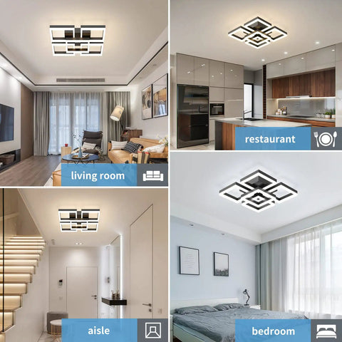 64W Dimmable Black 5 Square LED Ceiling Light With Remote Control Flush Mount Chandelier installed in various rooms
