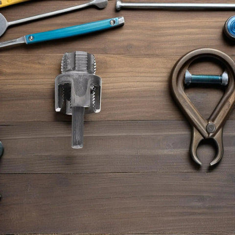 Kick Plumbing Hassles To The Curb With This Badass ABOOFAN 3 Pc Pipe Threader Tool Kit, heavy-duty steel cutter on wooden surface.