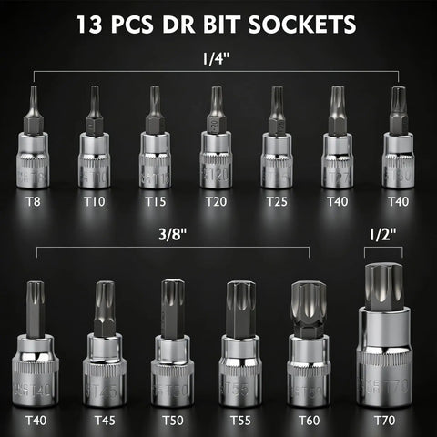 13-piece Torx Bit Socket Set T8-T70 CRV Star Sockets for 1/4, 3/8, 1/2 inch drives with storage case for cars and machinery