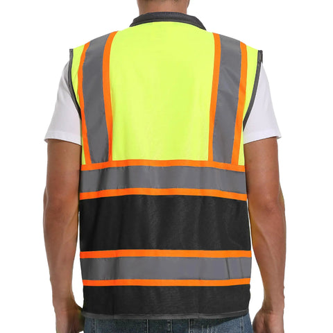 Back view of high visibility reflective safety vest for men and women with dual tone yellow and black strips, large size.