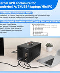 Beefy Thunderbolt 3 External Graphics Dock Paired With 750W Power Supply connected to laptop showing USB4 port identification.