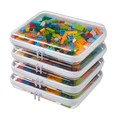 Hella Tough Four Piece Clear Hard Shell Case With Secure Zipper Closure, stackable cases filled with colorful Legos.