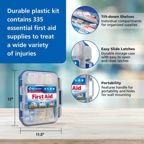 First Aid kit in blue hard-plastic case with 335-piece first aid supplies