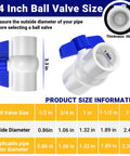 Three Quarter Inch PVC Ball Valve With Threaded Ends And Blue T Handle showing dimensions and size chart for outdoor plumbing