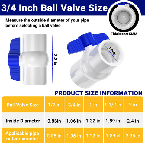 Three Quarter Inch PVC Ball Valve With Threaded Ends And Blue T Handle showing dimensions and size chart for outdoor plumbing
