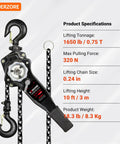 Beefy Three Quarter Ton Manual Lever Chain Hoist 1650 Lbs Capacity 10 Ft Lift G80 Galvanized Carbon Steel with specifications