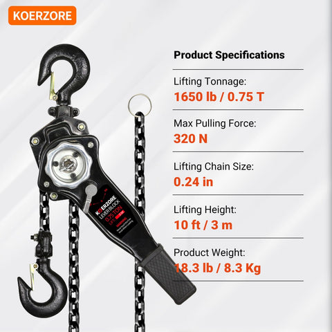 Beefy Three Quarter Ton Manual Lever Chain Hoist 1650 Lbs Capacity 10 Ft Lift G80 Galvanized Carbon Steel with specifications