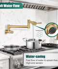 Wall Mount Pot Filler Faucet 19 Inch Folding Stretchable Kitchen Tap In Stainless Steel Brushed Gold, pouring water into pot on stove.