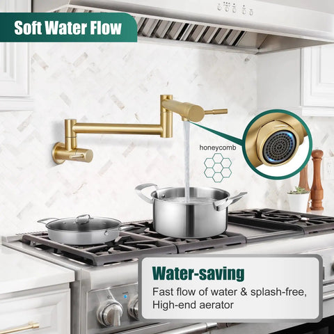 Wall Mount Pot Filler Faucet 19 Inch Folding Stretchable Kitchen Tap In Stainless Steel Brushed Gold, pouring water into pot on stove.