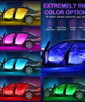 Lit Interior Car Lights With App Control And RGB LED Colors, Music Mode shown in various vibrant color options on a car