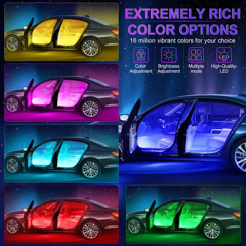Lit Interior Car Lights With App Control And RGB LED Colors, Music Mode shown in various vibrant color options on a car