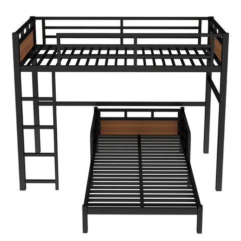 Detachable Twin XL Bunk Bed With Metal Guardrails In Walnut Finish, space saving convertible loft system with platform beds view