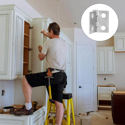 Man installing cabinet doors with Miniature Decorative Box Hinges Set 100 Pcs Silver 8x10mm With Nails visible in inset.