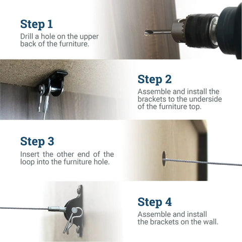 Step-by-step installation of Anti Tip Furniture Anchors For Dresser, Bookshelf And Cabinet Safety, Heavy Duty Wall Straps Kit.