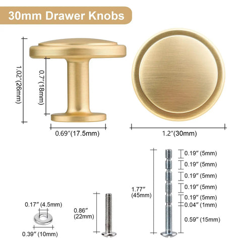 Brushed Gold Cabinet Knobs 2 Pack 1-1/4 Inch Round Zinc Alloy Hardware For Cabinets And Drawers with size details