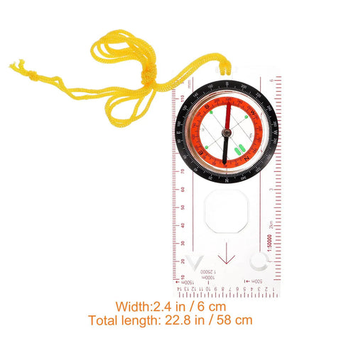 Multifunction Hiking Compass With Measuring Scale And Ruler featuring orange dial and yellow lanyard for outdoor navigation.
