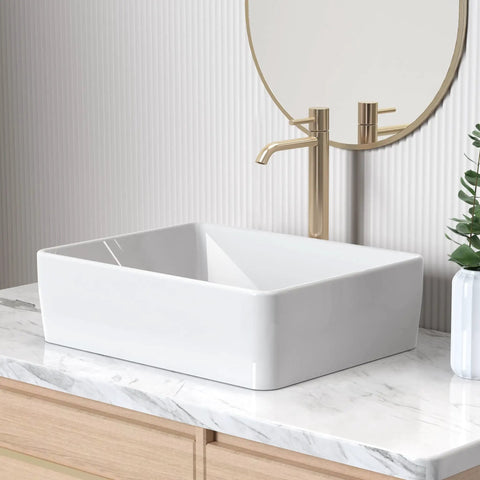 Rectangular White Vessel Sink For Bathroom 19x15 Inch Above Counter Vanity Sink Porcelain Ceramic Top Mount No Overflow 1.75 Inch Drain Slick Modern Look