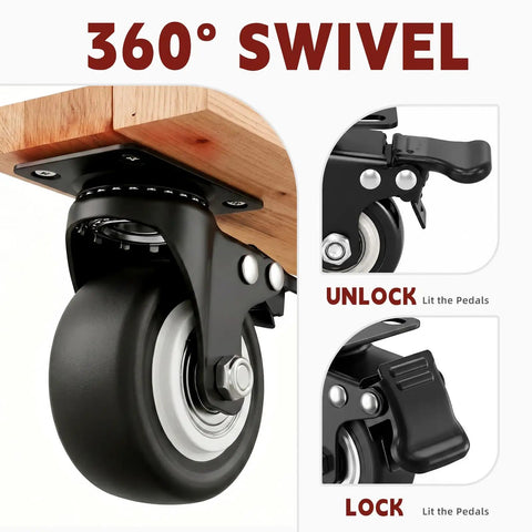 Heavy Duty Polyurethane Caster Wheels Set Of Four With Dual Lock Brakes Non Marking Black Rollers For Workbenches And Tool Carts close-up of swivel wheel mechanism.