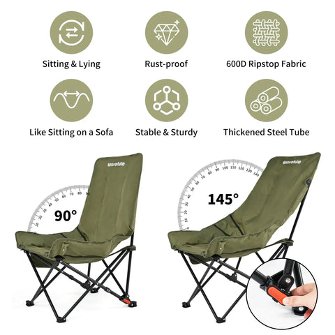 Two position adjustable oversized padded camping chair with 27.6 inch wide seat, alloy frame, and side pocket, shown folded.