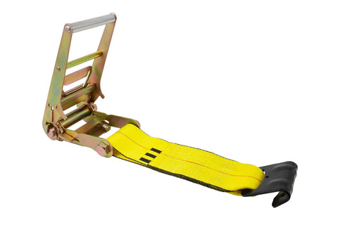 4x30 Heavy Duty Ratchet Tie Down Straps With Flat Hooks 6670 Lbs WLL in bright yellow showing hook detail and robust construction
